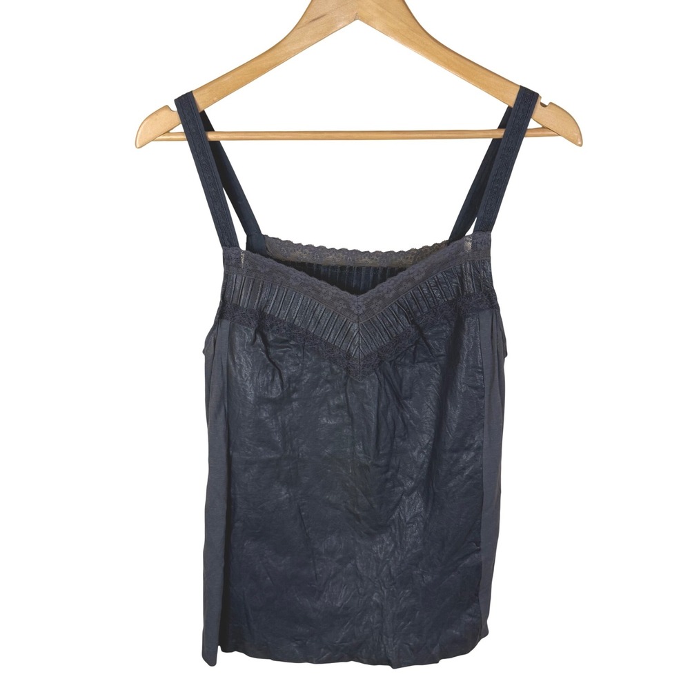 Burning Torch Women S Gray Lace Trim Leather Coated Pleated Edgy Grunge Tank Top